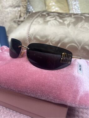 NWT Miu Miu MU A51S Gold Dark Grey Rimless Shield Sunglasses